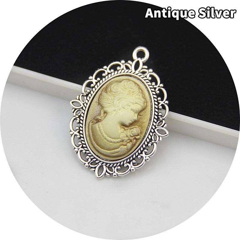 Antique Silver Oval Zinc Alloy Pendant With An Inlaid 18*25Mm Beauty Head Design, Hair Accessory Necklace, Diy Jewelry Accessory