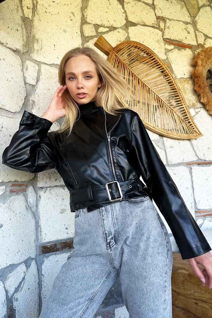 Women's Jacket New Season Fashion Black Belted Zipper Faux Leather Biker Jacket