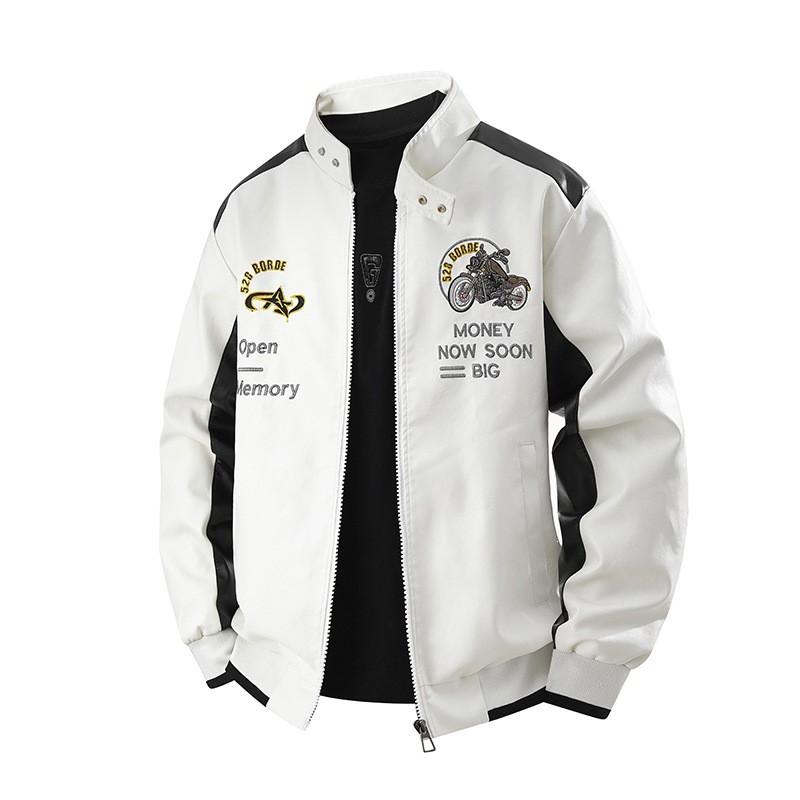 Mens Oversized Embroidered Biker Jacket Hooded Loose Fit Faux Leather Streetwear Coat Size M-8XL