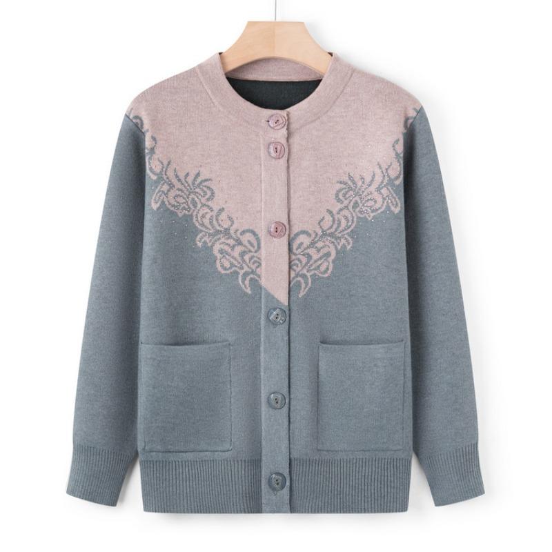 Middle-aged Sweater Women's Spring and Autumn Mother Wear Crew Neck Knitted Sweater Old Lady Casual Top Grandma Wear Cardigan Jacket
