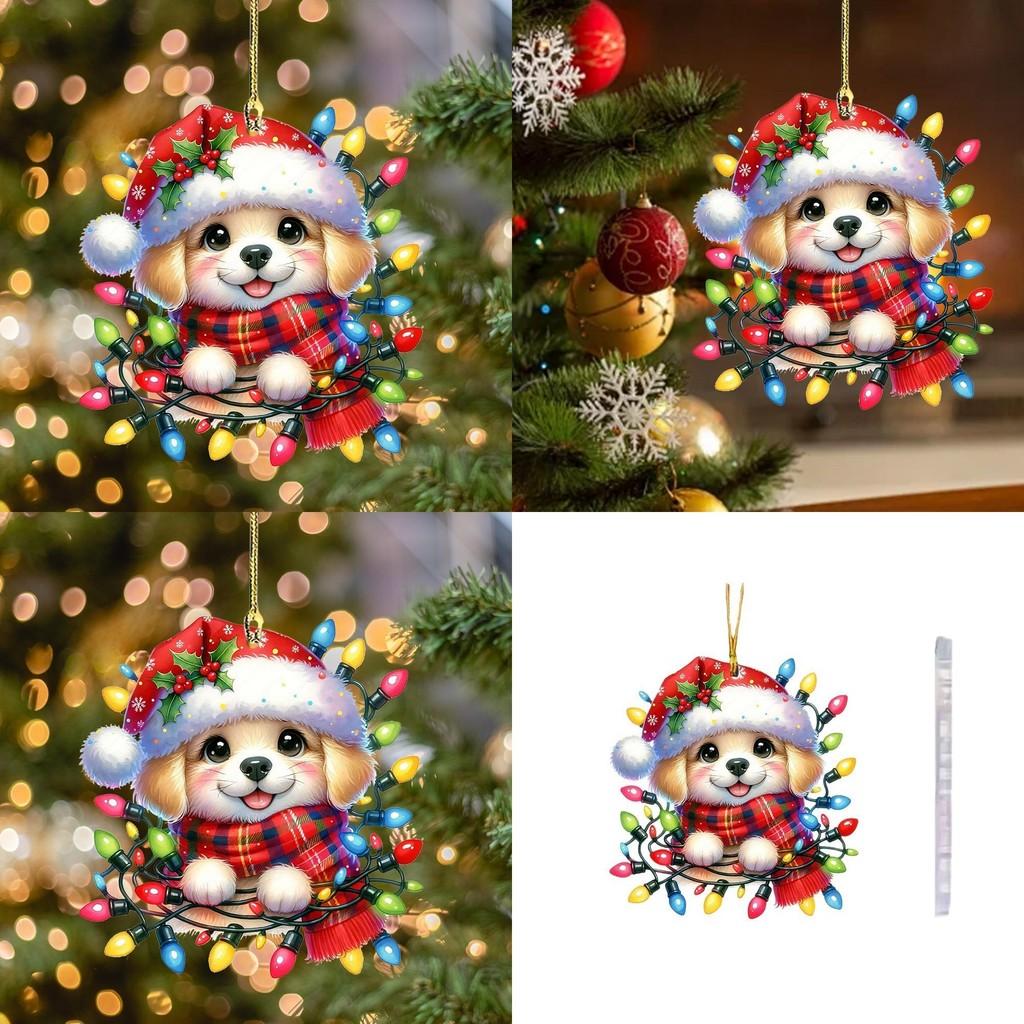 Christmas Acrylic Flat Surface Pendant With Cute Puppy Checkered Design Scarf