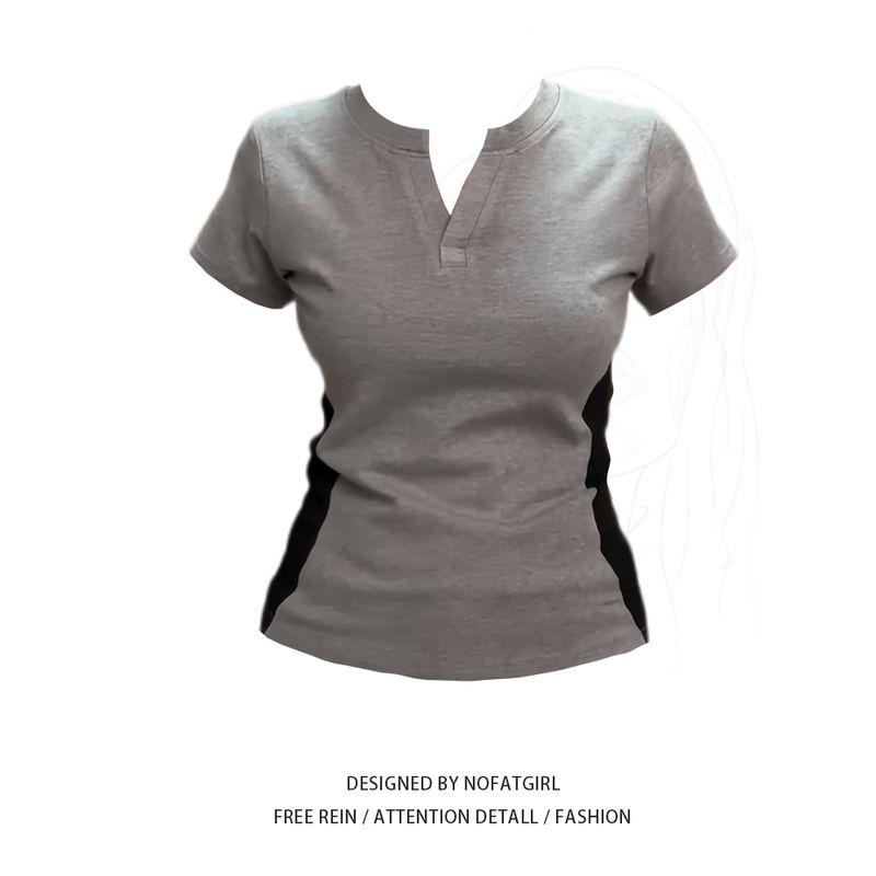 

Plus size Chubby Girl Korean Series Contrast Color round Neck Short sleeve T-shirt Women Summer 2025 New Waist Hugging Slimming Design Sense Top Gray Top L