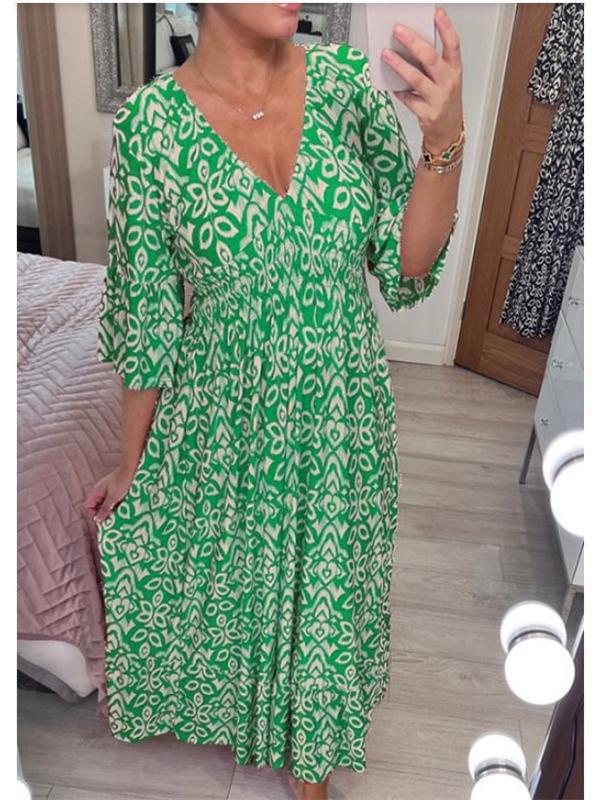 Women's V-neck Floral Dress for Beach Holiday, Digital Print, Loose Fit