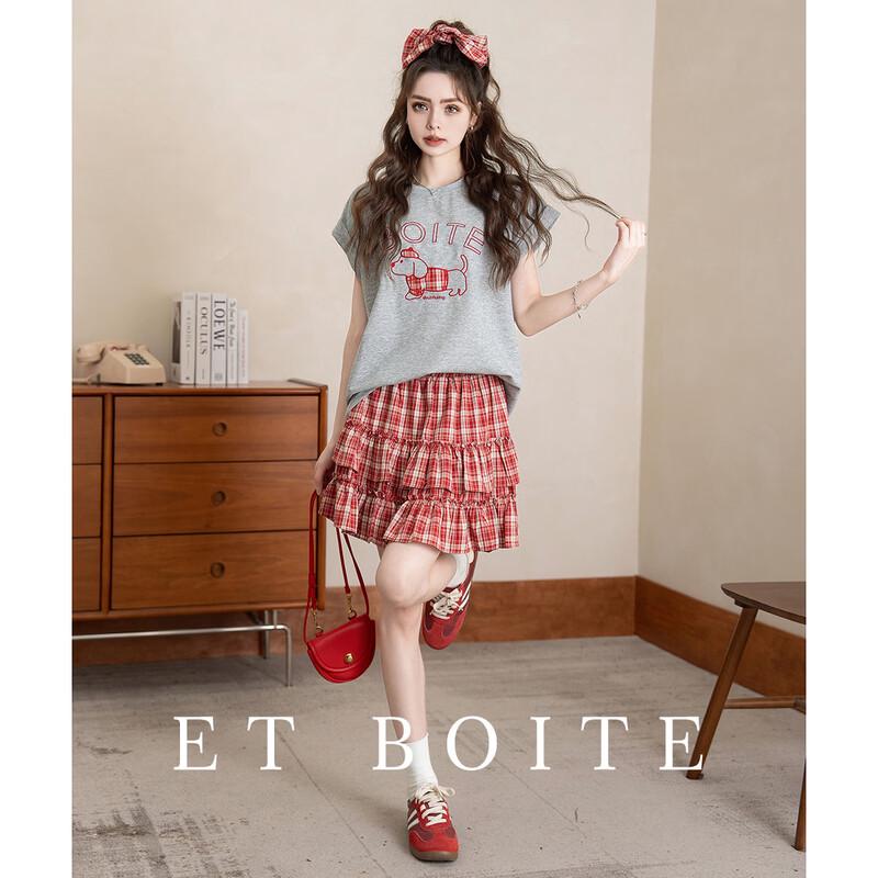 ET BOITE Women s Embroidered T-Shirt & Plaid Skirt Set L