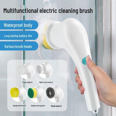 Brosse de nettoyage électrique avec laine d'acier et 5 têtes de brosse - Outil de cuisine et de vaisselle à main à long manche