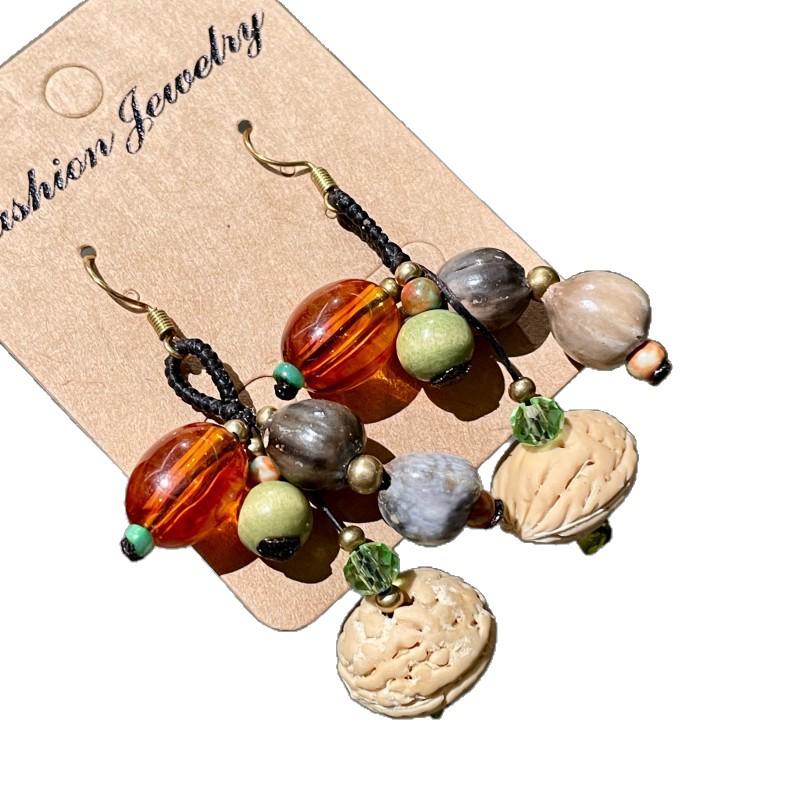 Handmade Retro Pine Cone & Dried Fruit Earrings - Forest Style Artistic Jewelry for Women