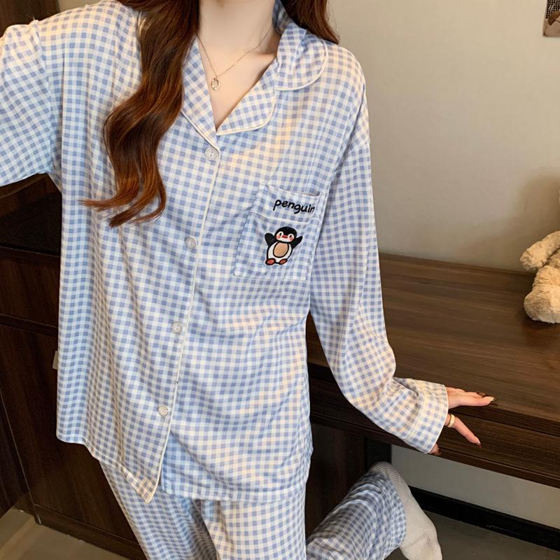 Japanese style pajamas women's spring new long-sleeved trousers cute plaid little penguin cartoon loungewear set