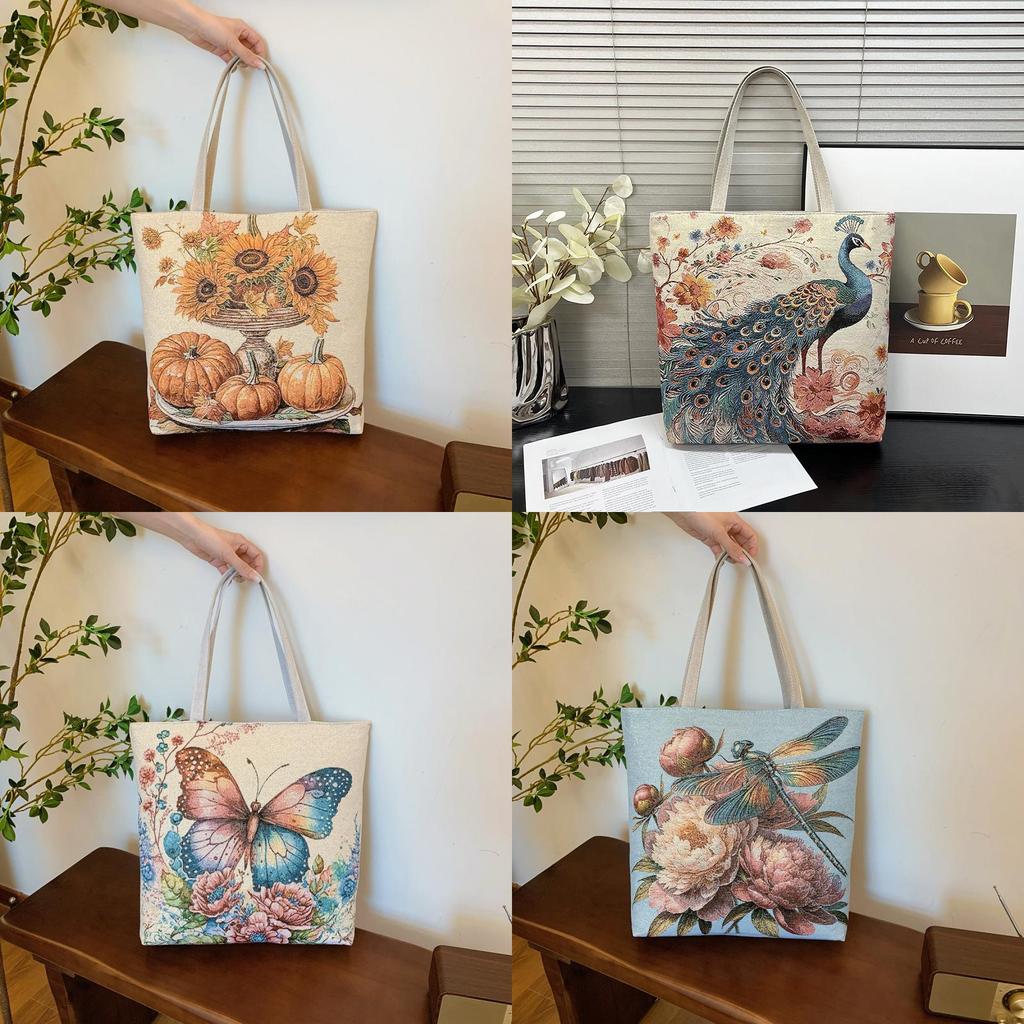 Ethnic Style Canvas Tote Bag With Doublesided Embroidered Silk Thread Floral For Daily Use