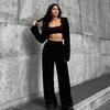 European and American style velvet hooded suit women's short jacket high waist wide leg pants relaxation casual two-piece suit women