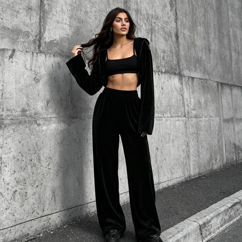 European and American style velvet hooded suit women's short jacket high waist wide leg pants relaxation casual two-piece suit women