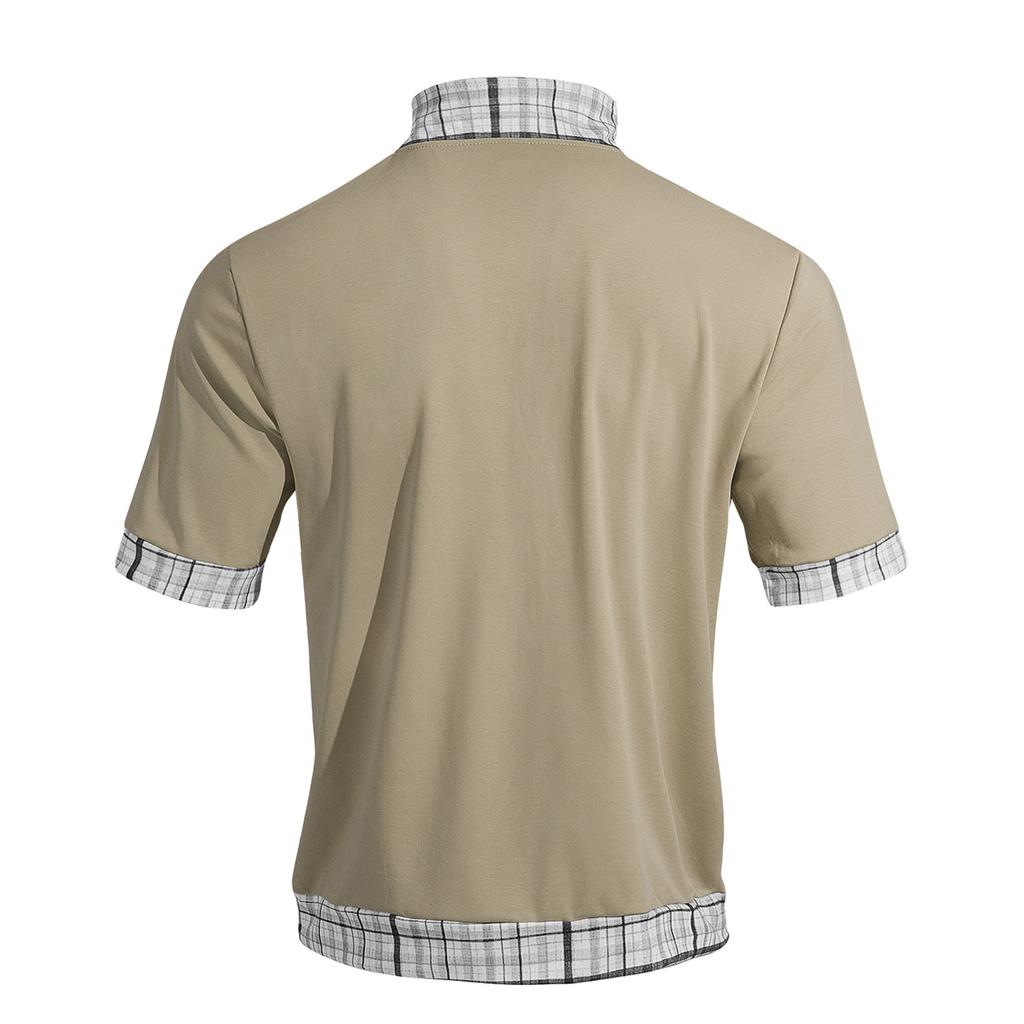 Men's Short Sleeve Polo Shirt with Half Zip Collar Layered Look Casual Loose Fit Big Size Plaid Pattern