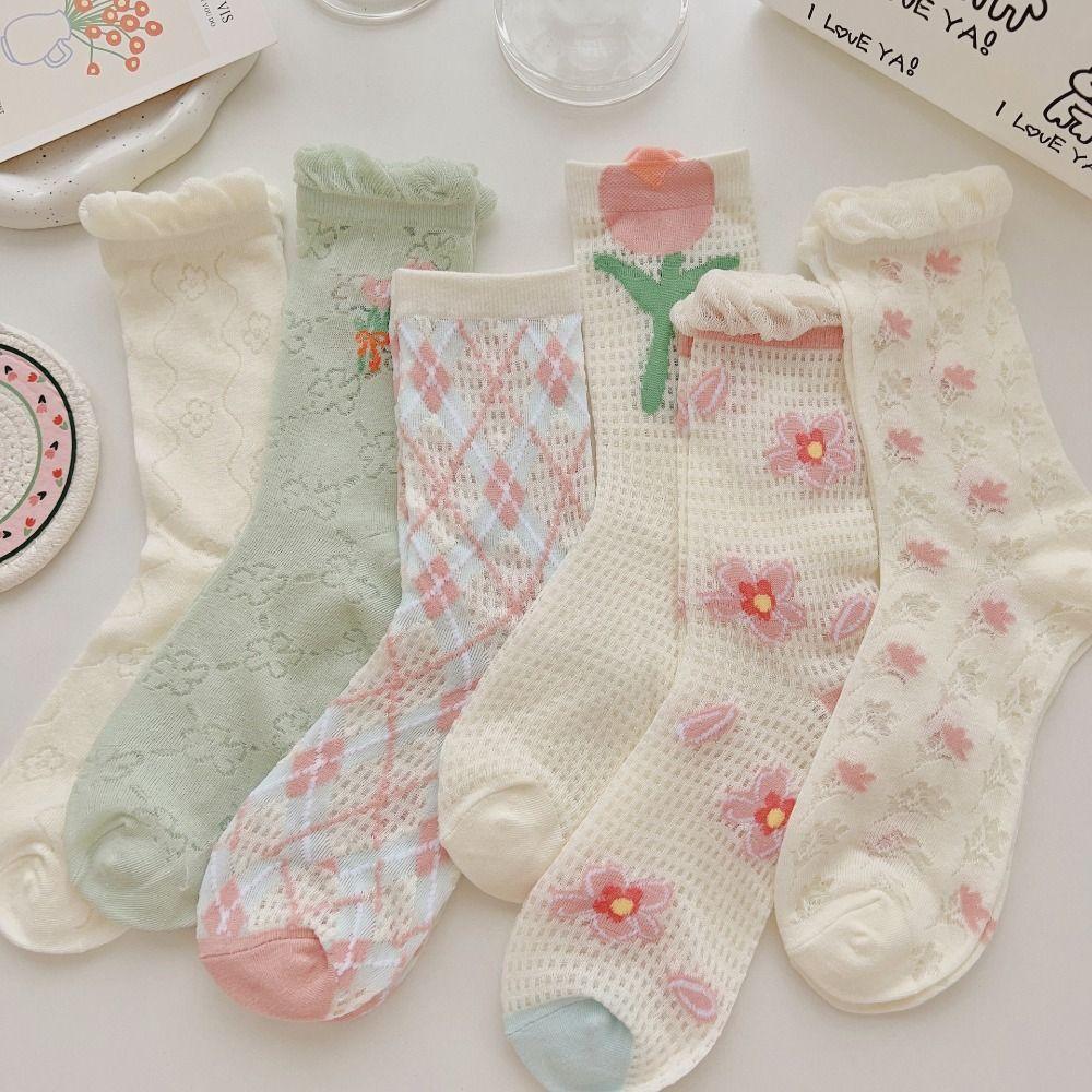 6Pairs Mesh Hollow Transparent Flower Socks Ruffle Sweet Socks Women Ins Style Mid Tube Socks  Lady