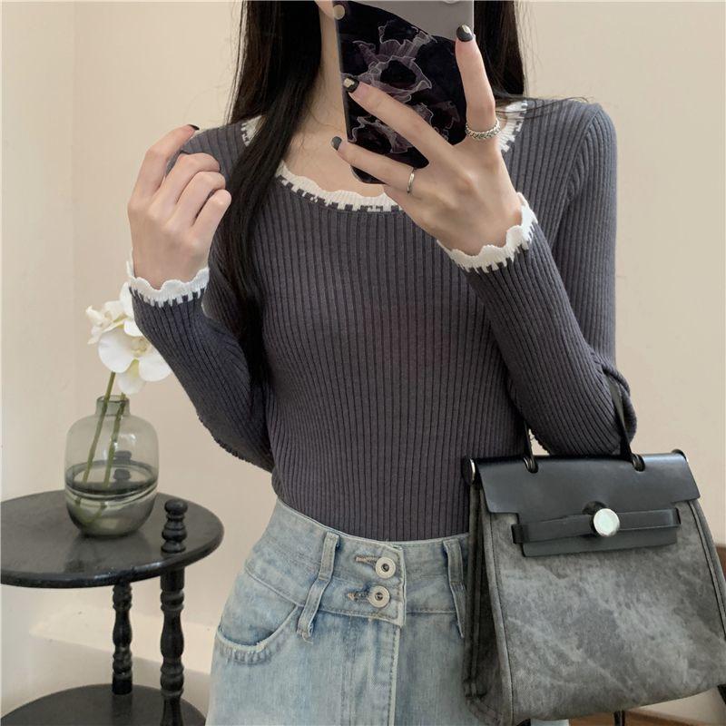 

Черный Нишевый Уникальный Трикотаж с Рюшами, Длинным Рукавом, Облегающий Базовый Топ, Осенний Женский Внутренний Свитер One size серый