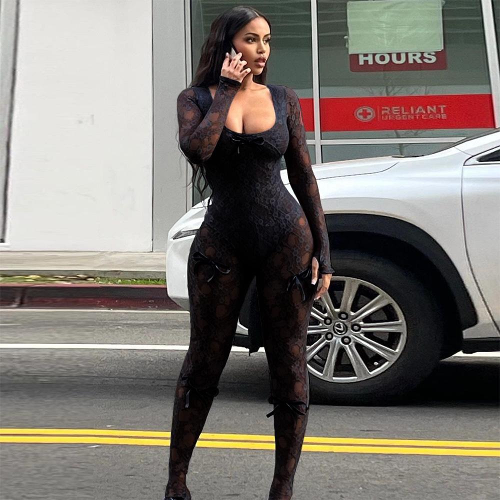 

Женский осенне-зимний новый комбинезон с U-образным вырезом, длинными рукавами, сексуальным кружевом и эластичной тканью для женщин XL чёрный