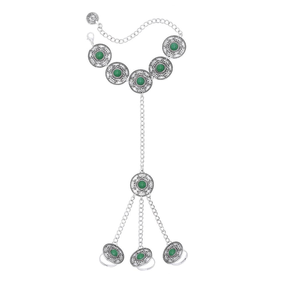 Vintage Silvery Long Chains Finger Pulling Bracelet Alloy Carving Flower Round Acrylic Gem Boho Ethnic Women's Bracelet Jewelry