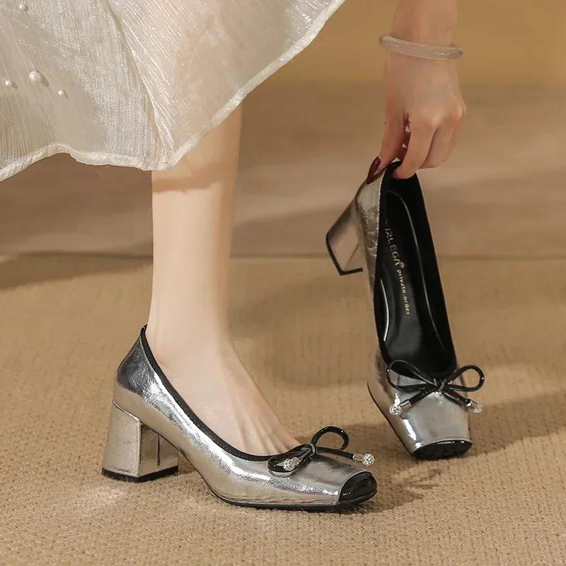 Fashion Square Toe Mary Jane Shoes Women Fashion Casual Chunky Ballet Shoes Shallow Bow Classic Brand High Heels Designer Female Pumps