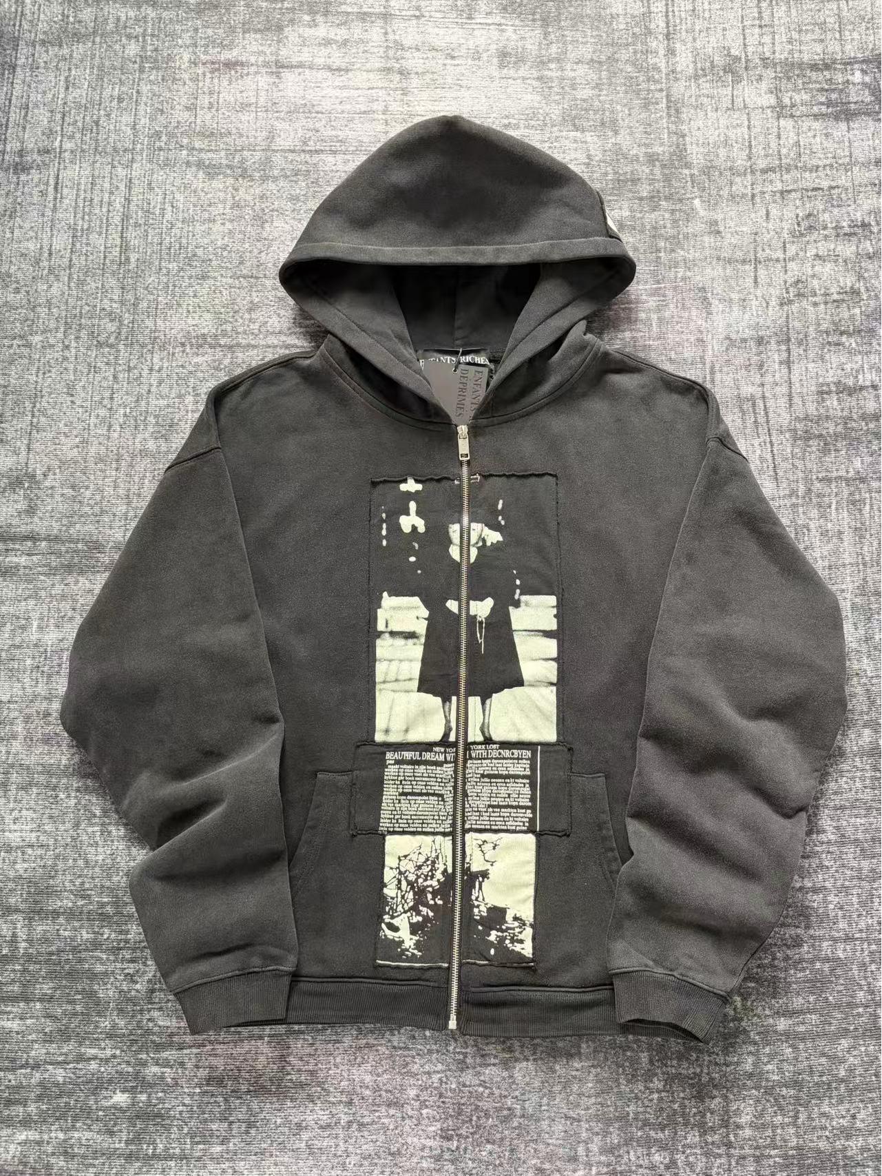 Худи второго поколения с эффектом потертости, деталями в виде разрывов и булавок - 1090 г Меланхоличная Богатая Версия L