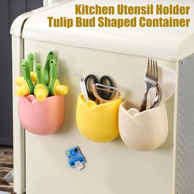 Magnetic Fridge Storage Box Tulip Shape Kitchen Utensils Holder Cutlery Organizer Flower Bag Spout Clips for Refrigerator Microwave Storage