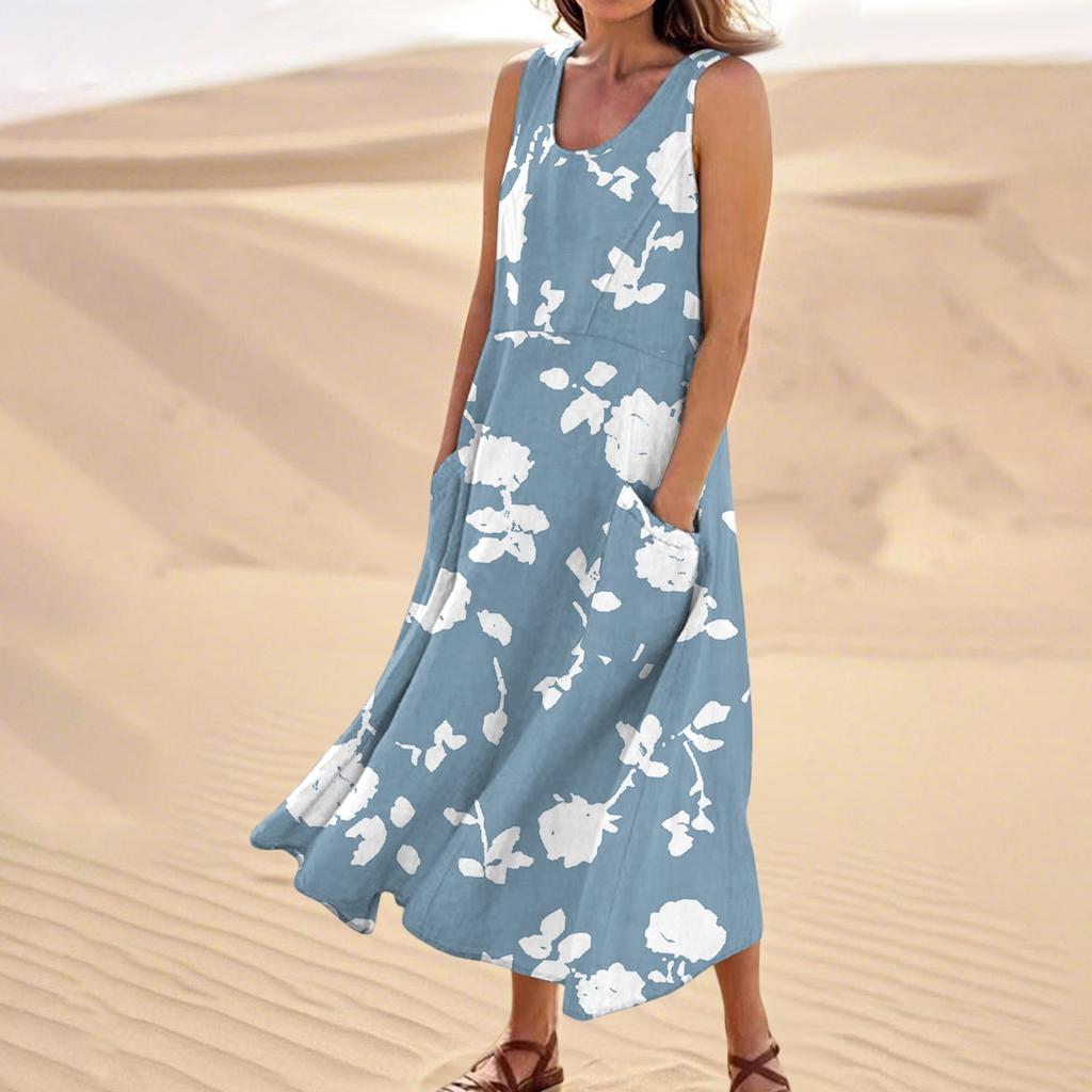 Women's Summer Casual Fashion Flower Printed Sleeveless  Pocket Dress