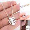 Korean Design Palm Leaf & Insect Pendant Stainless Steel Necklace
