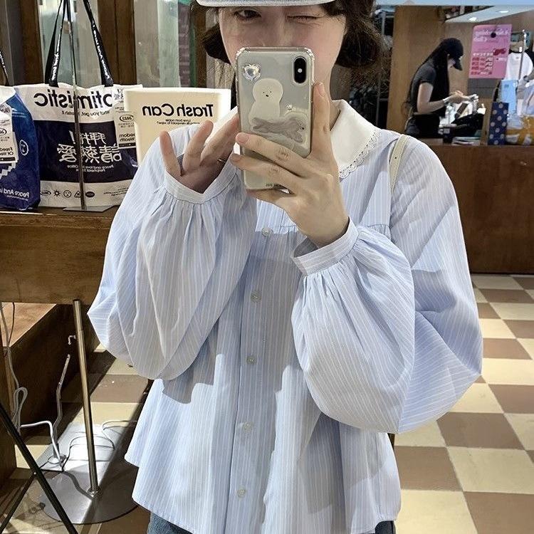 Japanese-style soft French striped shirt for women, loose doll collar shirt for spring and autumn, designed niche and youthful top