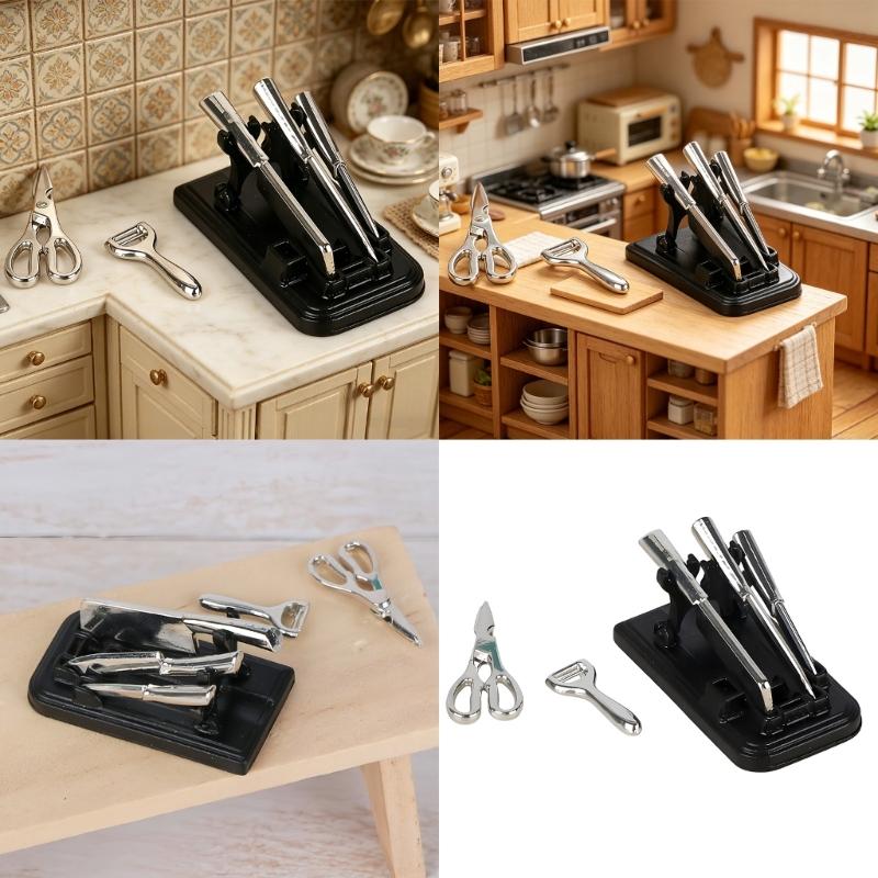 1:12 Scale Miniature Kitchen Cutter Set and Stand Model Doll House Accessory For Realistic Pretend Play And Scene Display