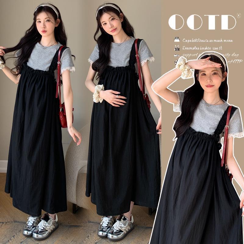 Summer 2026 Maternity Elastic Pleated Strap Dress & Lace Patchwork T-shirt Set