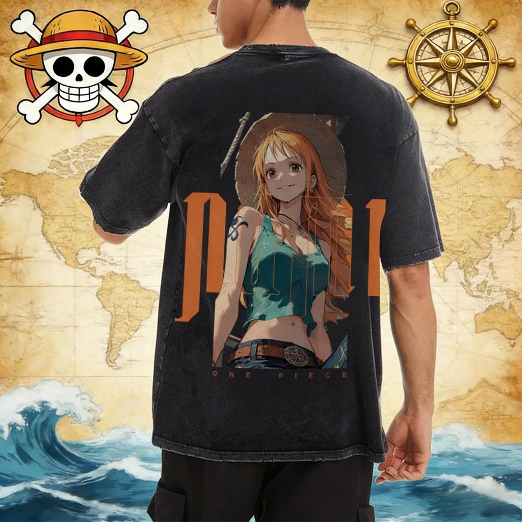 New ONE PIECE Nami Print Retro Washed Shortsleeved Beach Casual Style Harajuku Street Tshirt Summer Mens and Womens Y2k Top