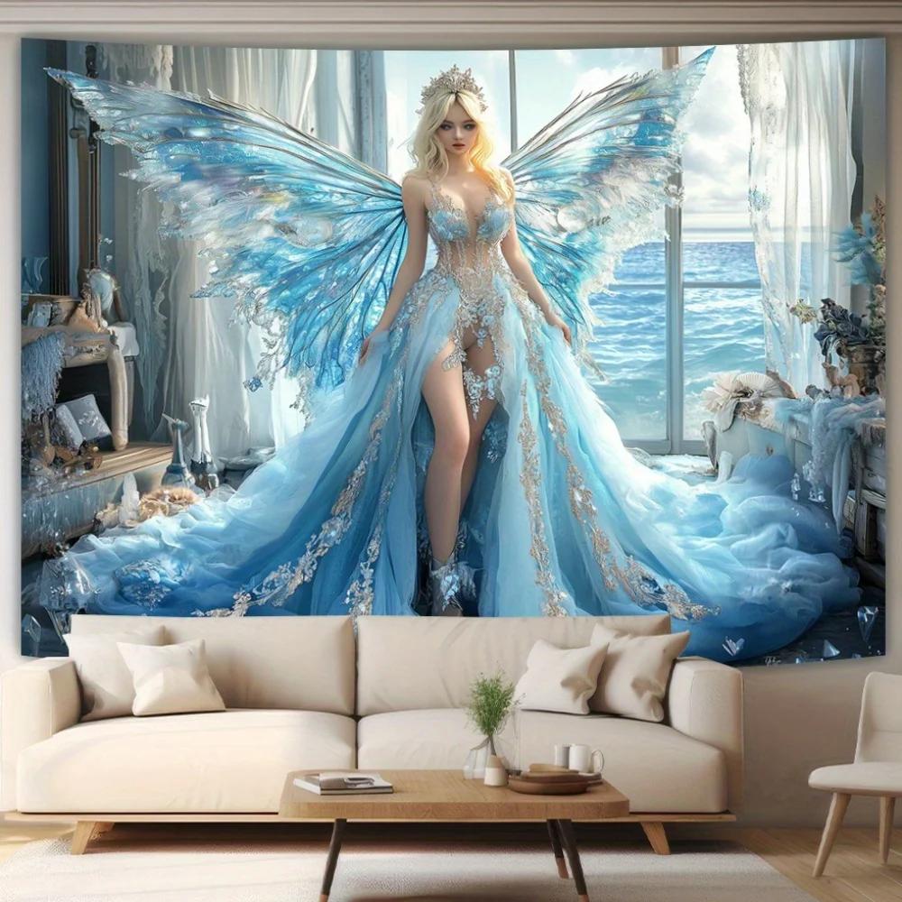 

1pc Blue Ocean Fairy Wall Tapestries Polyester Fantasy Themed Hanging Decor for Living Room Bedroom Office Party Elegant 74x94cm(29x37in)