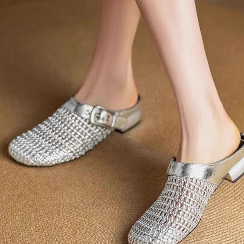 Silver Toe-Over Summer Flat Bottom Half Slippers Women's Breathable Hole Design Outdoor Wear Rubber Sole Simple Style Shoes