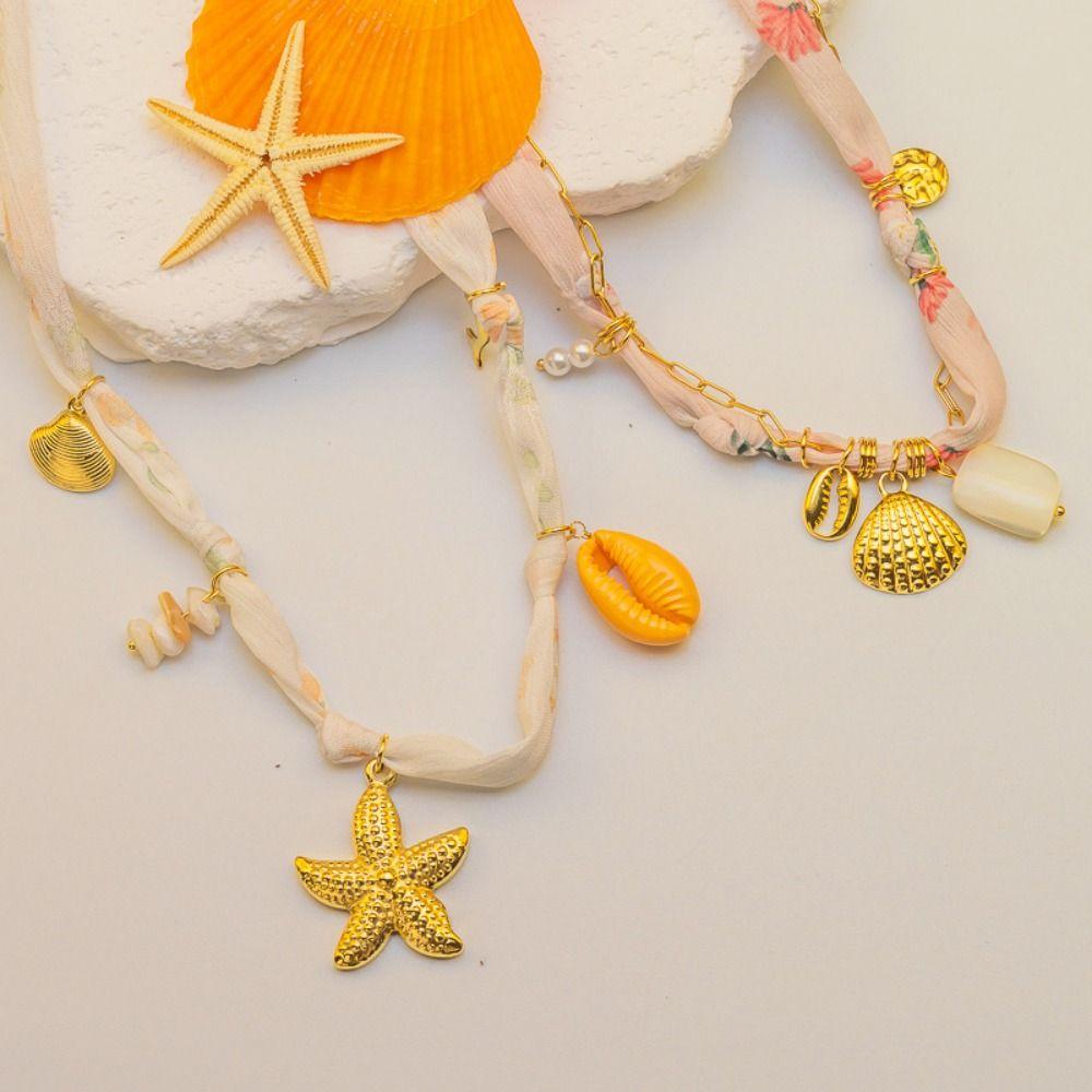 Ethnic Style Flower Scarf Chain Necklace Personality Ocean Series Necklace  Decoration