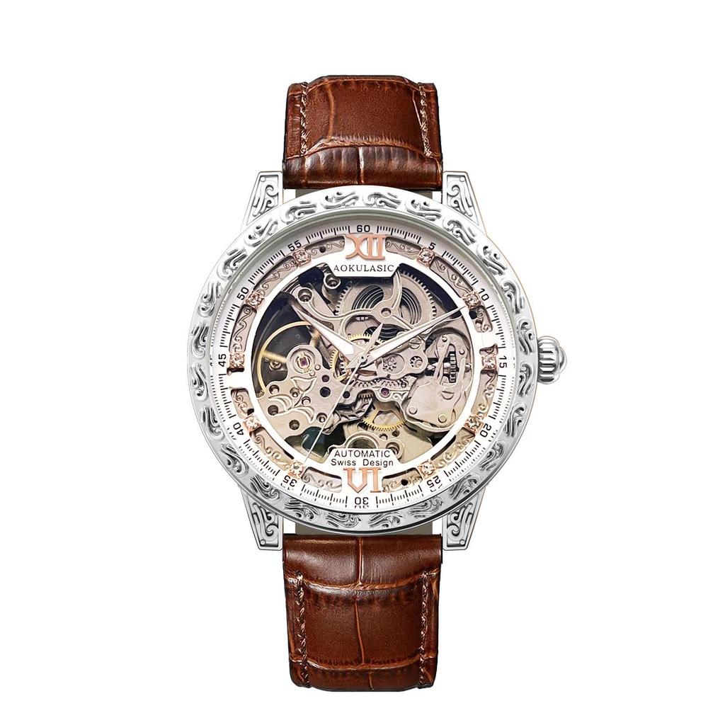 Men's High-End Retro Automatic Mechanical Watch with Luminous Display, Waterproof Design, and Genuine Leather Strap
