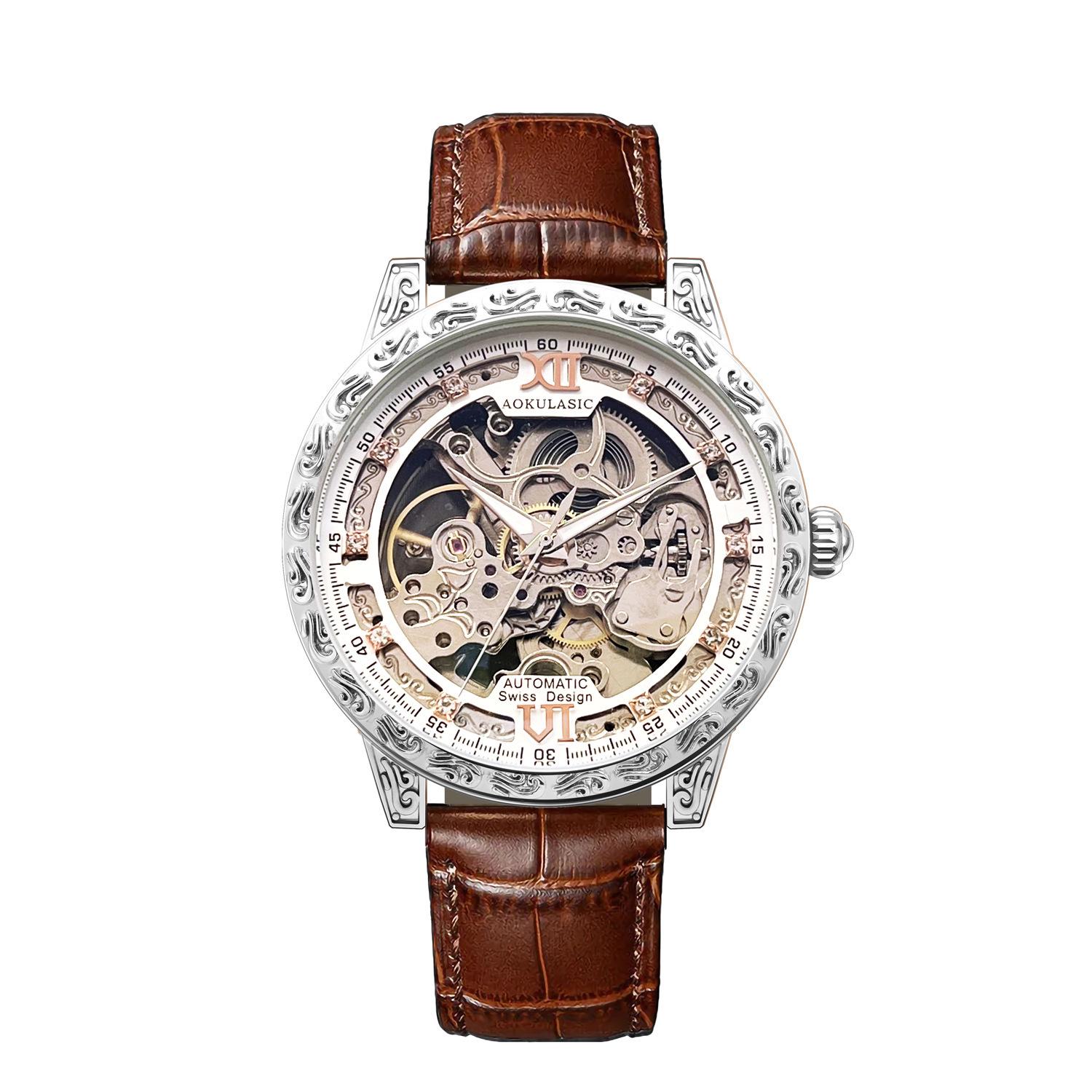 Men s High-End Retro Automatic Mechanical Watch with Luminous Display, Waterproof Design, and Genuine Leather Strap