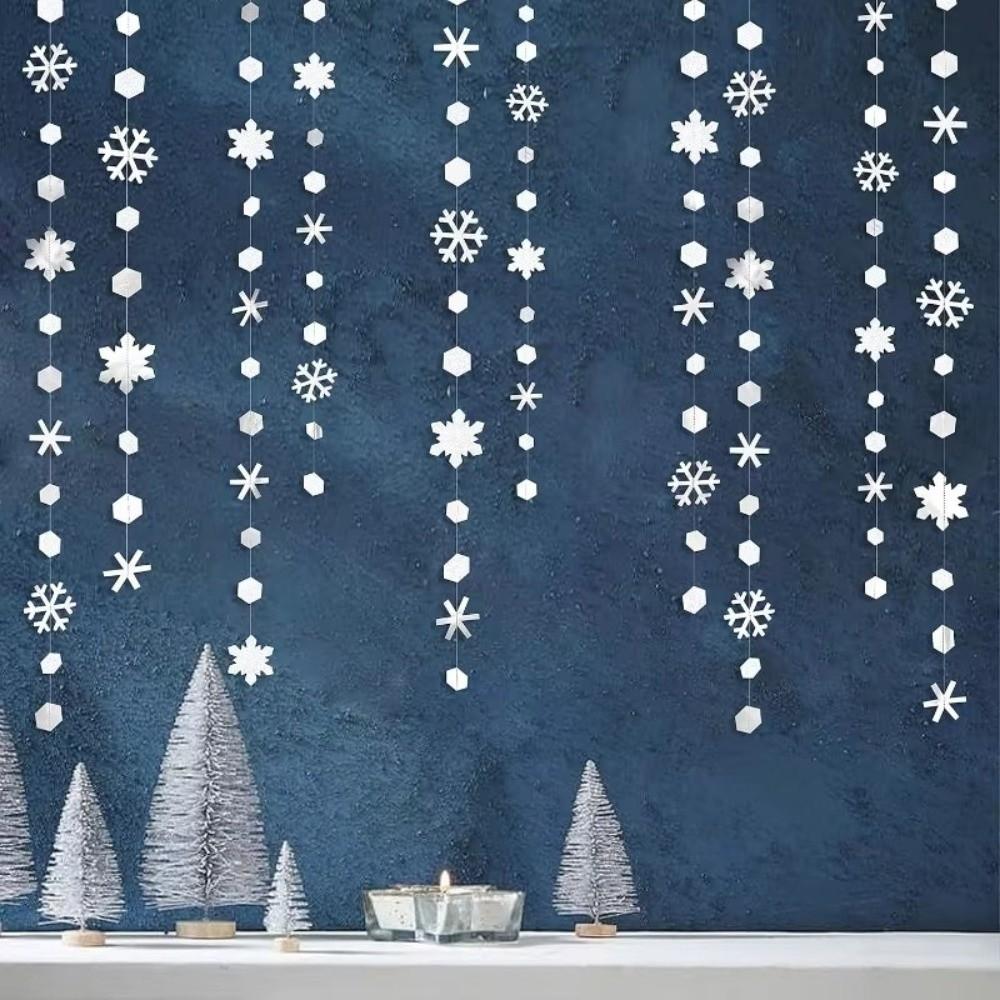 4m Paper Snowflake Streamer Romantic Glitter Christmas Hanging Streamer Reusable Elegant Christmas Snowflake String