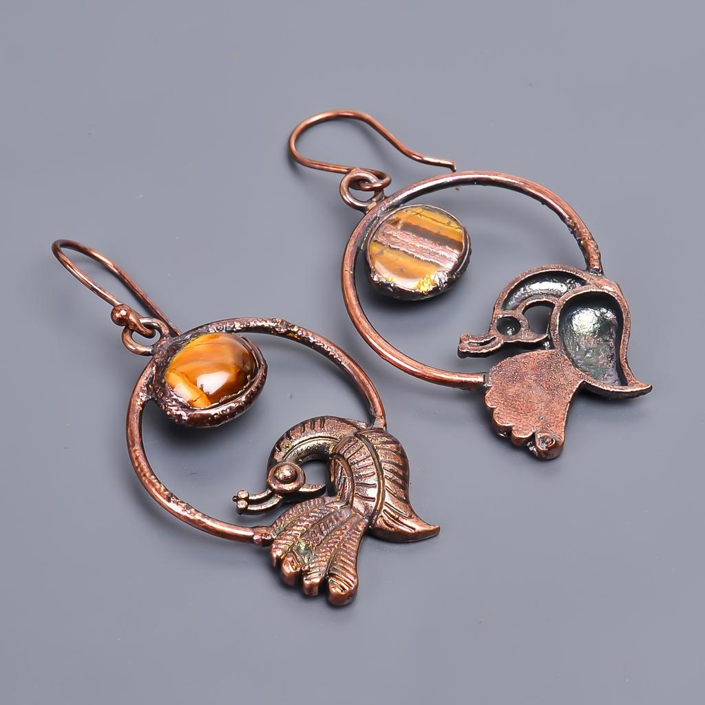 Sacral Chakra Tiger Eye Gemstone Copper Electroformed Hook Drop Earrings Jewelry V-43