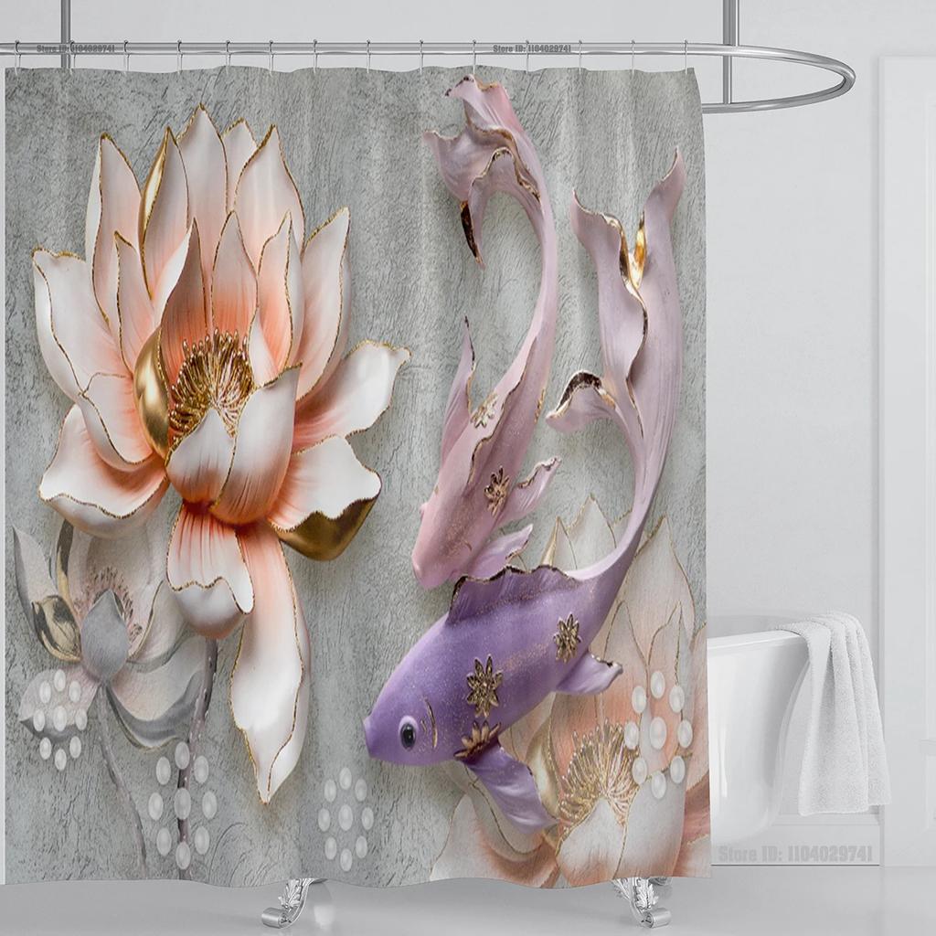 3D Print Chinese Style Luxury Diamond Flower Shower Curtain Polyester Fabric Bath Curtains High Quality With Hooks Bathroom Mat