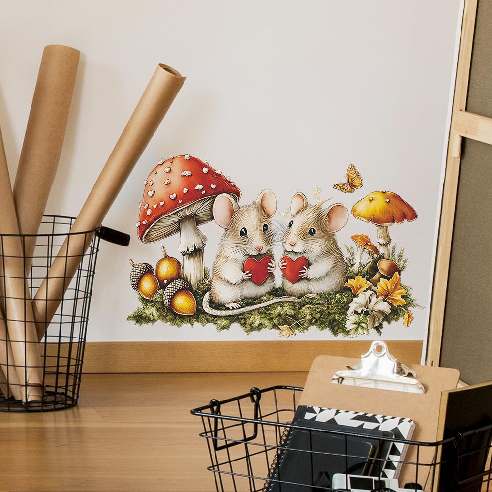 Self-adhesive Wall Stickers Couple Mice and Mushrooms for Entryway Hallway Home Decor