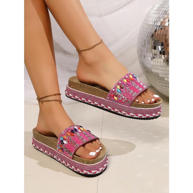 Fashionable Vintage Ethnic Diamond-Face Chunky-Sole Slippers Large Size Outdoor Beach Cork Slippers