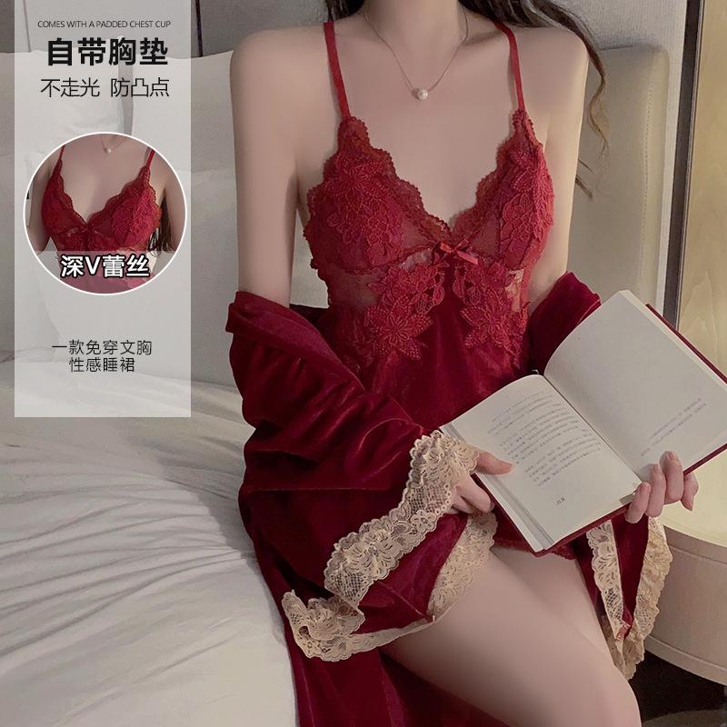 Women's Plus Size Velvet Push Up Padded Cami Sleep Dress with Robe Lounge Set