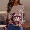 Women's Fashion Casual Slit Hem Round Neck Long Sleeve Loose Printed T-Shirt Ladies Top Christmas