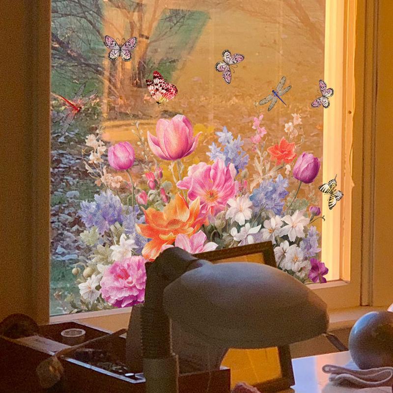 1PC PVC Removable Flower Window Stickers Daisy Tulip Butterfly Dragonfly Decorative Glass Stickers Static Stickers Home Decor