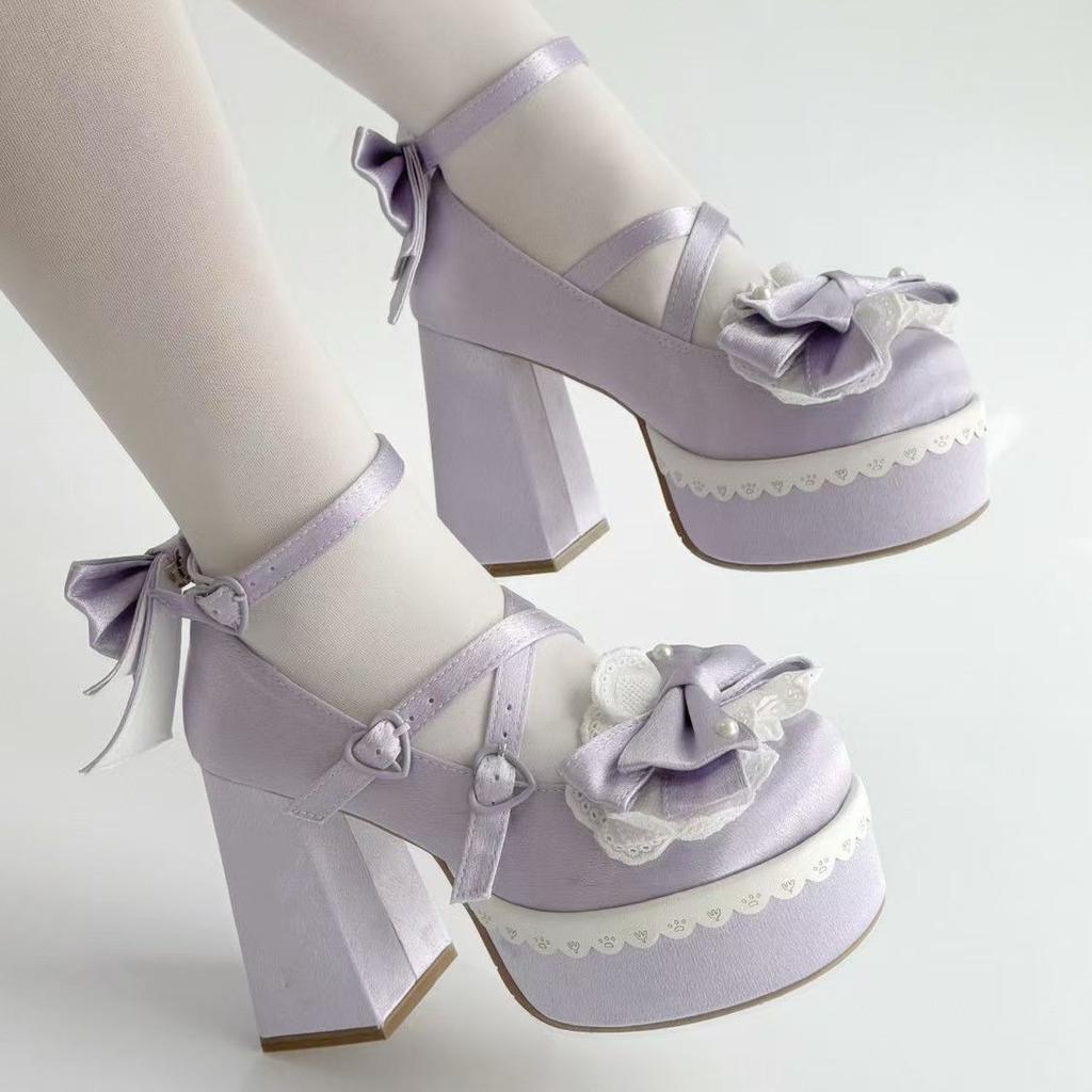 Ele Torr Söt Japansk Sle Lolita Knut Söt Blomma Högklackade Dams Tjock Klack Lolita Pumpses