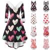 Damen stilvolles und elegantes langärmeliges V-Ausschnitt Kleid mit Valentinstags-Herzprint