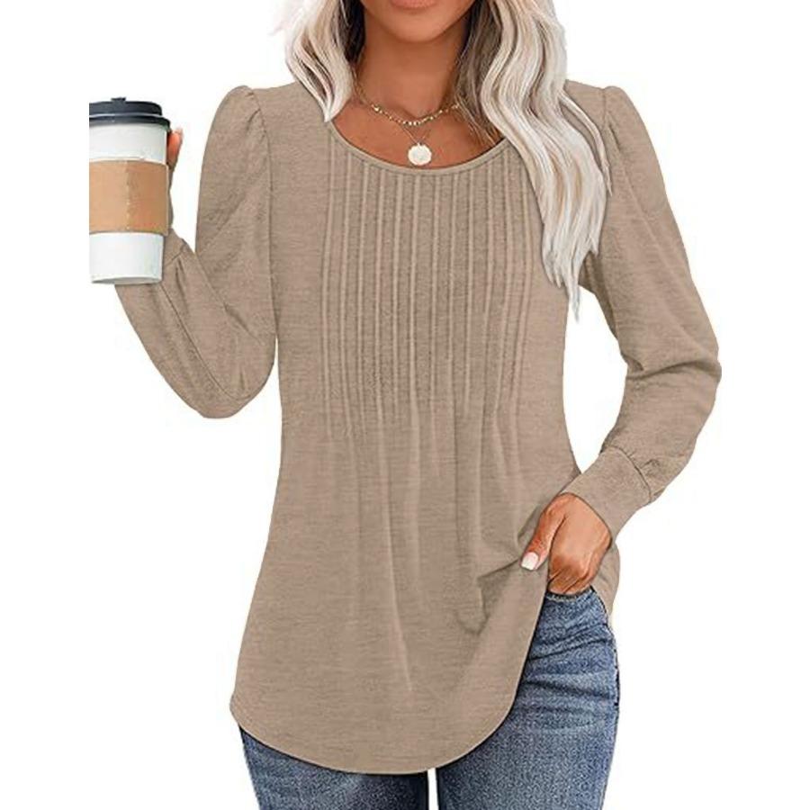 Maglietta a maniche lunghe da donna autunnali, alla moda, casual, plissettata, con scollo rotondo basso, abbigliamento da donna