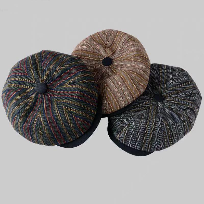 British Retro Style Men's Casual Octagonal Hats Autumn Unisex Classic Stripe Painter Cap Japanese Women's Short-brim Newsboy Hat