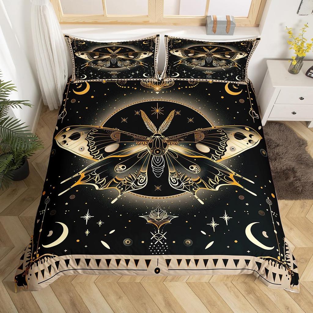 Gothic Moth Duvet Cover Set Queen Twin SizeDreamy Butterfly Animal Rustic Leaves Bedding SetExotic Starry Moon Sky Quilt Cover