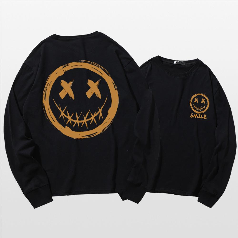 Japanese long-sleeved T-shirt men's summer tide personality graffiti smiley face print little devil grimace Hong Kong style loose top