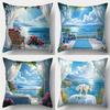 4-Piece Printed Pillowcase Set – Dreamy Sea View Balcony with Blooming Roses, Distant Mountains & Cozy Dining Table
