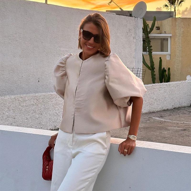 Women's Puff Sleeve Round Neck Top - Elegant Commuting Style, Versatile Five-Point Sleeve Blouse