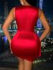 Elegant Red Satin Deep V Waist-Cinching Ruffle Mini Dress for Banquets and Events